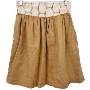 Anthropologie Lauren Moffatt Tan Skirt Linen A Line w Crochet Gold Shimmer Sz 4
